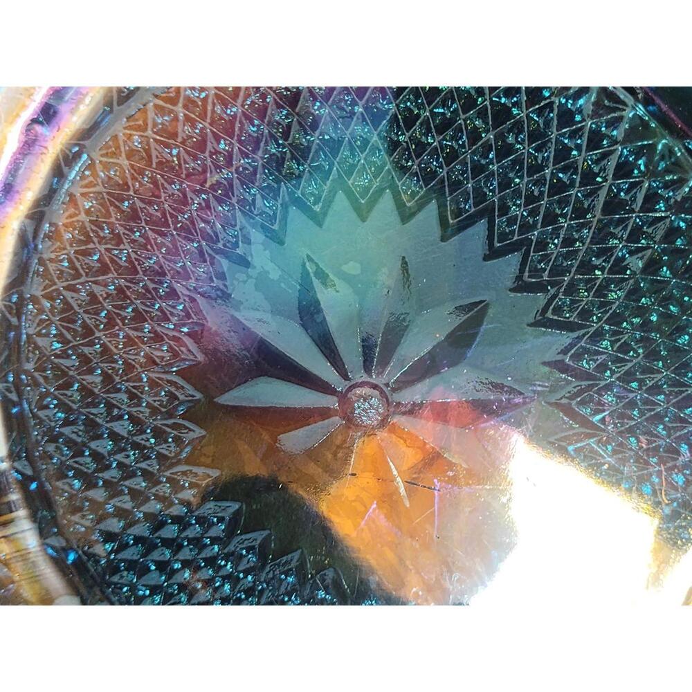 Vintage Glass Blue Iridescent Diamond Cut Carnival Glass 10 1/4" Serving Dish - Picture 2 of 4